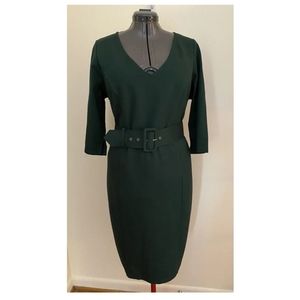 ELOQUII DRESS~22~HUNTER GREEN~SHEATH~MIDI~3/4 SLEEVES~BELTED~
